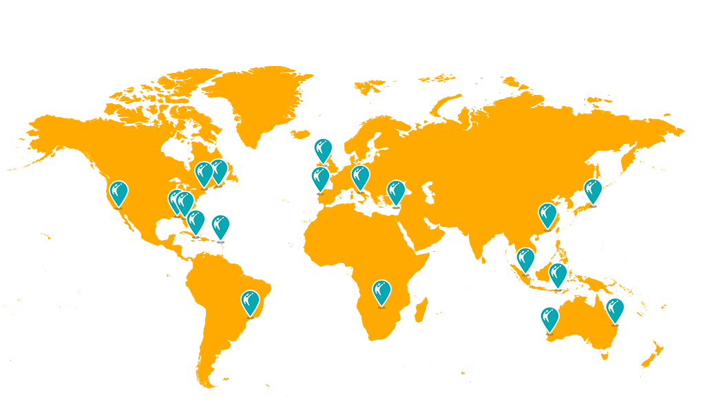 a map of the world with pinpoints